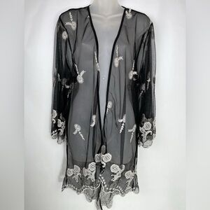 Sheer Black Embroidered Floral Kimono